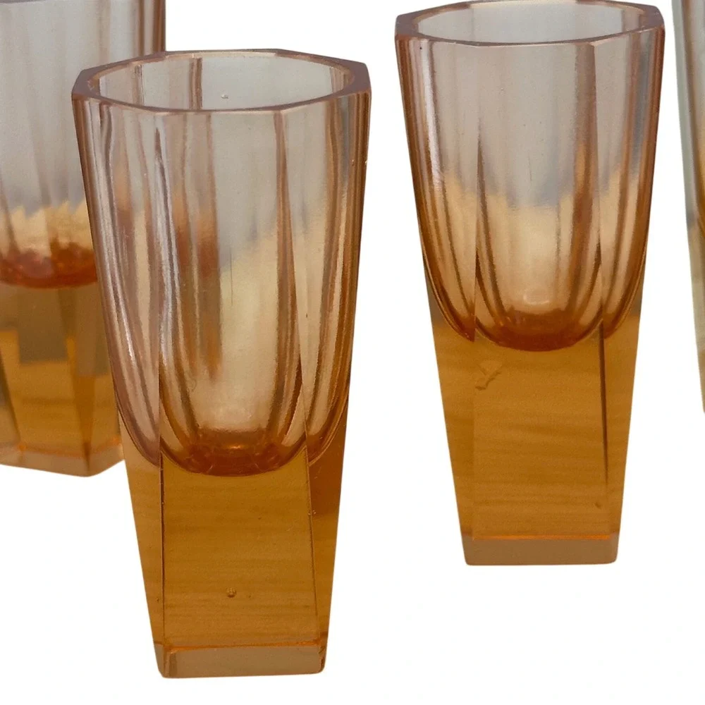 Vtg 30s Czech Bohemian Art Deco Moser Style Salmon Pink Faceted Vodka glasss 6